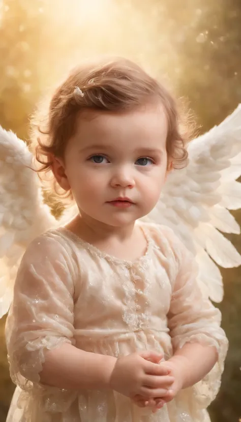 A beautiful cherub baby angel, Raphael estilo de pintura, brilho iridescente, dust particles, Mystical scene, Ethereal, fantasia surreal, cena renascentista, majestoso, esthetic, studio lighting, Cinematic lighting, foco profundo, Super Adobe, textura deta...