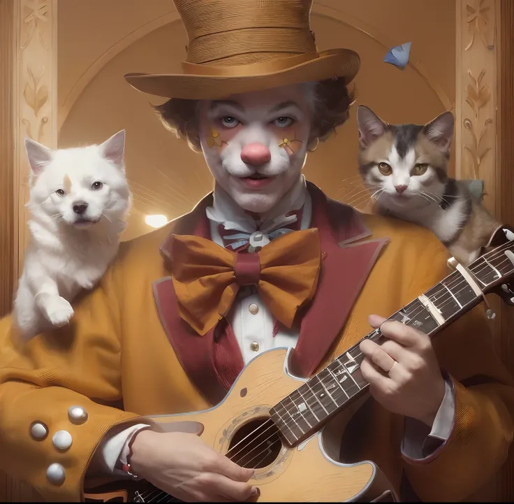 a close up of a person with a guitar and a dog, michael cheval (unreal engine, cutecore clowncore, inspired by Michael Cheval, vaudevillian, god of dogs, by Michael Cheval, welcome to the circus, beeple and jeremiah ketner, featured art, extremely high qua...