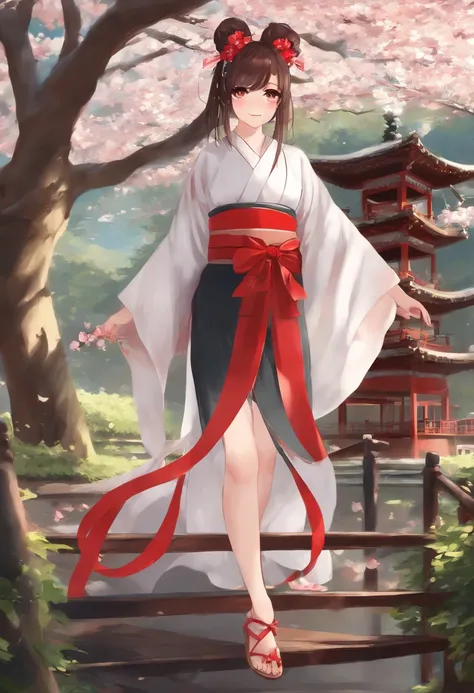 ((Masterpiece,Best quality)),Outdoors, Red torii, tree,  stairways,, 2girls, miko,miko, view the viewer, Looking back,, red legwear, Red ribbon, Black hair,Cherry blossoms, day, flower, hair-bun, Hair ribbon, Japanese clothes, komono, Long hair, Cat ears, ...