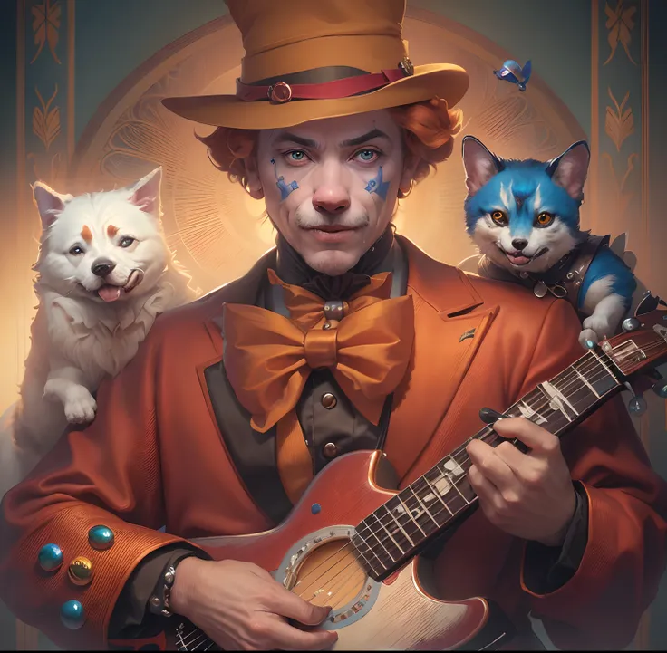 a close up of a person with a guitar and a dog, michael cheval (unreal engine, cutecore clowncore, inspired by Michael Cheval, vaudevillian, god of dogs, by Michael Cheval, welcome to the circus, beeple and jeremiah ketner, featured art, extremely high qua...