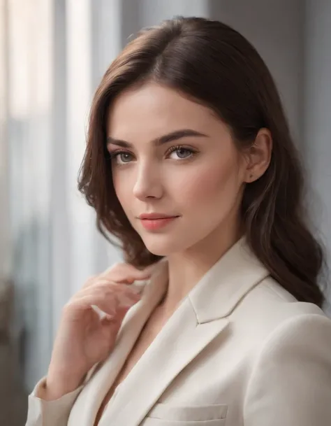 young brunette woman dressed in a tailors suit, light background, in the style of ultrafine detail, high quality photo, 35 mm f/5.6