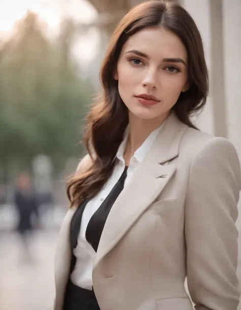 young brunette woman dressed in a tailors suit, light background, in the style of ultrafine detail, high quality photo, 35 mm f/5.6