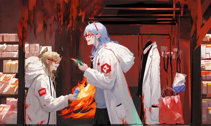 Demon Doctor，ember，wears glasses，Wearing a doctors white coat，Half-body diagram，There is a blood transfusion bag next to it，Adults，Scalpel in hand，face with blood stains，The expression is excited