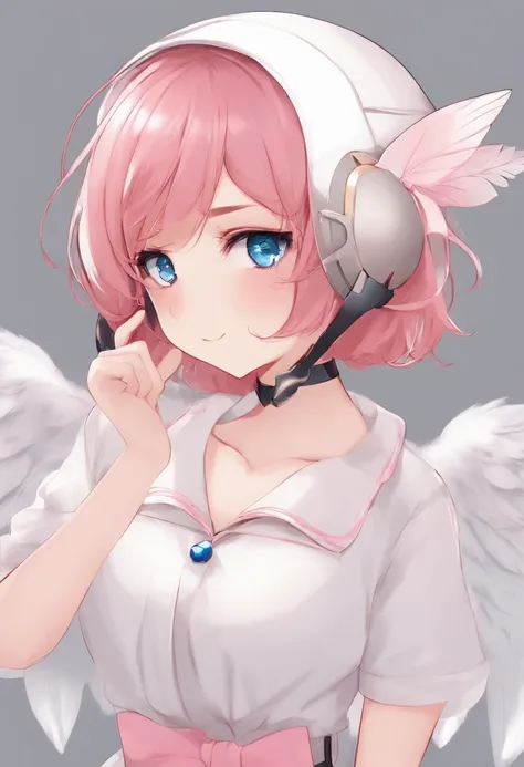 Ski style, 1girll, Solo, Pink hair, Animal ears, Blue eyes, Wings, view the viewer, dark mole, bangs, Short hair, bow, Sailor collar, Simple background, White sailor collar, Moles under the mouth, Hair accessories hair bye, Pink bow, Closed mouth, shirt, W...