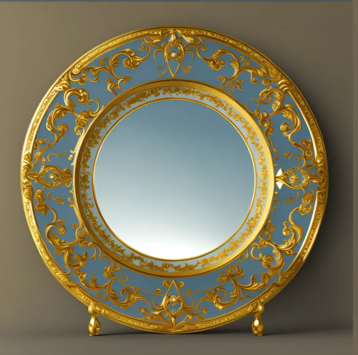 It has a plate with a gold and blue design, inlaid with gold rococo, Round mirror on the wall, Sleek and sophisticated design, author：George Barrett, small., high quality rendering, ornate frame, intricate ornament halo, elegant baroque, baroque object, ar...