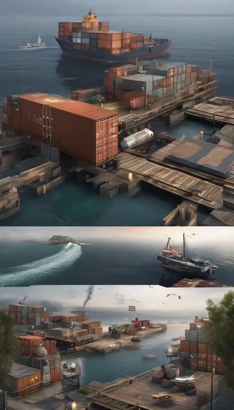 isometry，Overlooking 45 degrees，SLG Game Building，Single building，shores，jetty，steamship，Cargo ship containers，greybackground，concept-art，rendering by octane