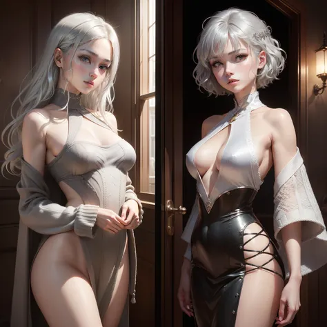 (masuter piece:1.3)、(8K、Photorealsitic、Raw photography、top-quality: 1.4)、(1girl in)、Beautiful expression、(Lifelike face)、(((The woman on the right has silver hair、short-hair:1.4)))、(((The woman on the left has brown hair、semi long hair:1.3)))Beautiful hair...