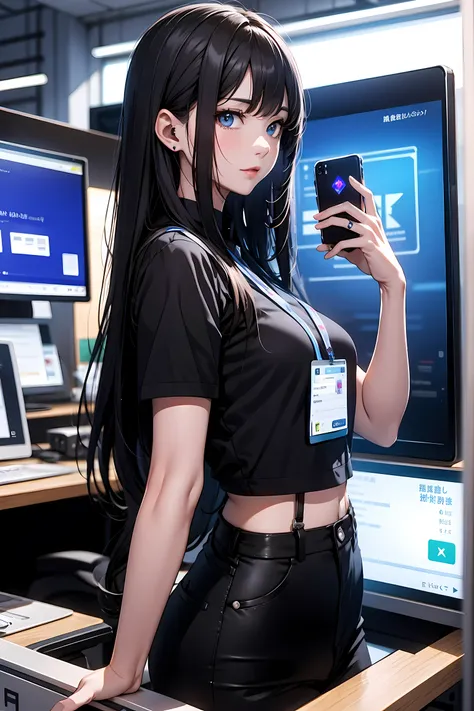 the office district of the near future、office worker using a smartphone mounted on his arm。beauty ol,holograms displayed from a ...