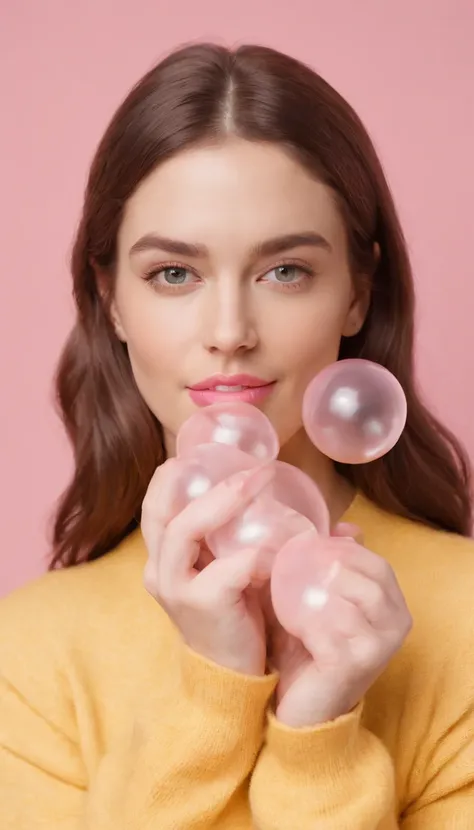 A hyperealistic photograph smiling young woman blowing bubble gum up in high heels and yellow sweater against pink background, in the style of patricia piccinini, minimalist backgrounds, flickr, loretta lux, noise photography, emotive faces, daniela uhlig,...