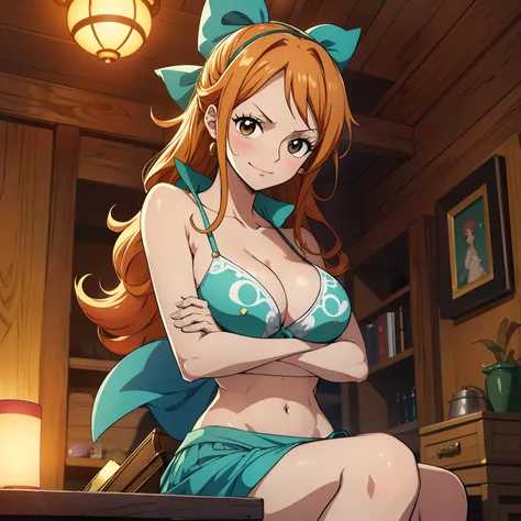 masterpiece, nami one piece, best quality, ultra-detailed, epic lighting, cinematic composition, anime coloring, 2d, anime, 1girl, solo, big breasts, hair orange, hair rings, brown eyes,wearing bra, green bow, bare shoulders, blue skirt, looking at viewer,...