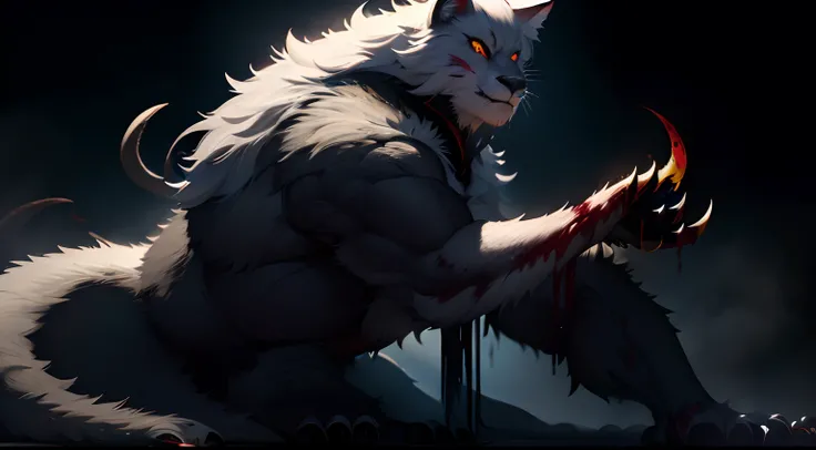 Best quality,Masterpiece,超高分辨率,(Photorealistic:1.4)Big cat,Fierce，Prepare for a raid,(Dynamic Angle),True blood,Angry,Gape,red - eyed,White fangs,(White hair), red color eyes, (full bodyesbian), (((Claws))), (Beautiful detailed eyes), Blood drop,Blood fog,...