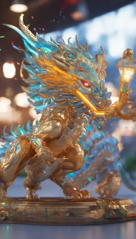 Chinese Dragon, (blind box toy style:1.2), (Full body shot) , 1 transparent girl,Behind him is a transparent Chinese dragon, Transparent Mecha, Exquisite helmet:1.2, Luminescent goggles:1.2, Cyberpunk, Dreamy glow, bright neon lights, clean, White backgrou...