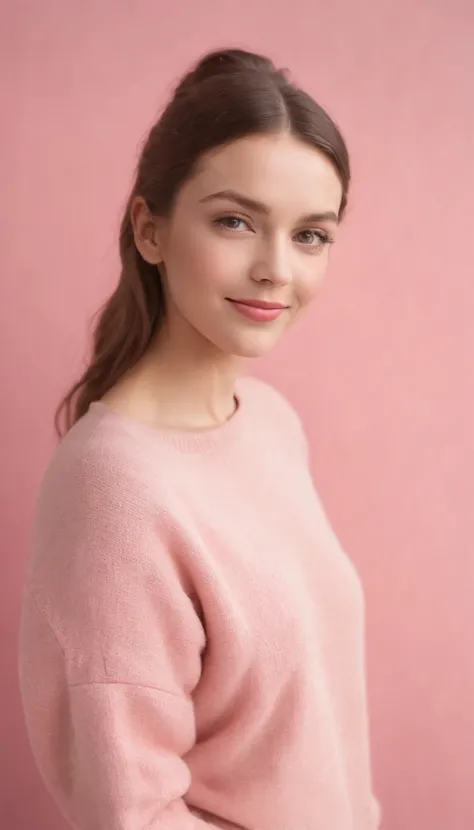 A hyperealistic photograph smiling young woman in high heels and yellow sweater against pink background, in the style of patricia piccinini, minimalist backgrounds, flickr, loretta lux, noise photography, emotive faces, daniela uhlig, uhd photo, clean shar...