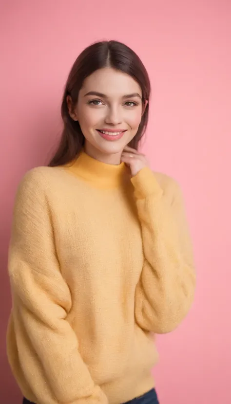 A hyperealistic photograph smiling young woman in high heels and yellow sweater against pink background, in the style of patricia piccinini, minimalist backgrounds, flickr, loretta lux, noise photography, emotive faces, daniela uhlig, uhd photo, clean shar...