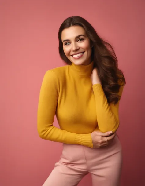 A hyperealistic photograph smiling young woman in high heels and yellow sweater against pink background, in the style of patricia piccinini, minimalist backgrounds, flickr, loretta lux, noise photography, emotive faces, daniela uhlig, uhd photo, clean shar...