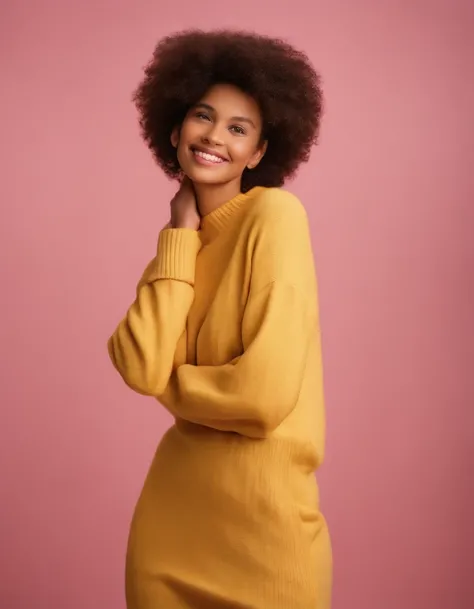 A hyperealistic photograph smiling young woman in high heels and yellow sweater against pink background, in the style of patricia piccinini, minimalist backgrounds, flickr, loretta lux, noise photography, emotive faces, daniela uhlig, uhd photo, clean shar...