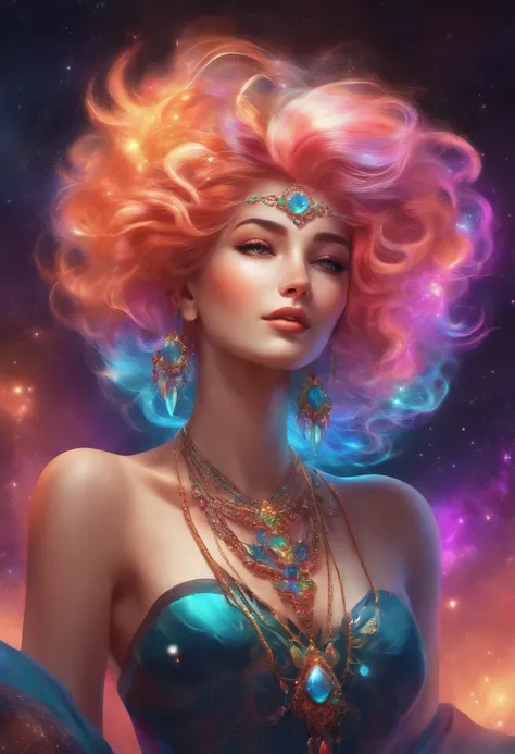 Close-up of a woman with colorful hair and necklace, anime girl with cosmic hair, The soft vitality of Rostus, Guvez style artwork, Fantasy art style, Colorful], vibrant fantasy style, Vibrant Ross Cartoon, cosmic and colorful, Guviz, Colorful digital fant...