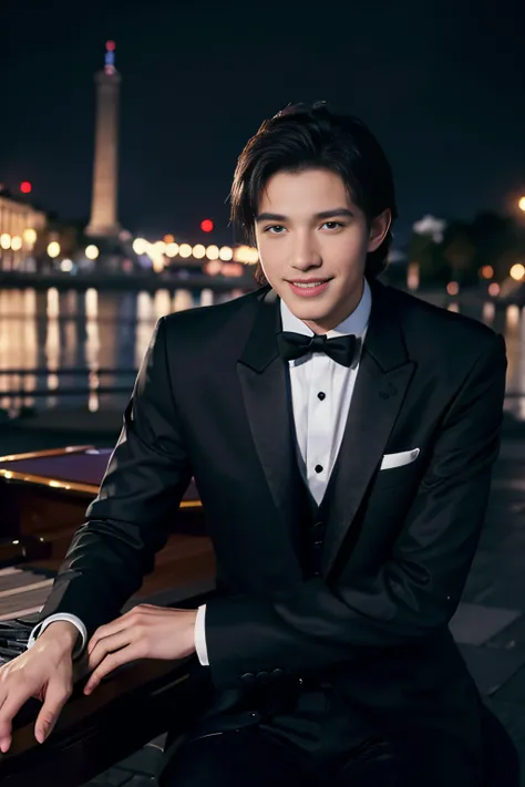 a man handsome , 25 years old,wear tuxedo , beautiful high detail face, cleavage, vintage image,smile,good body propotion( perfect legs and hands), sharp eyes, playing piano under rain with background Arc de triomphe,8k,masterpiece,professional,ultra reali...