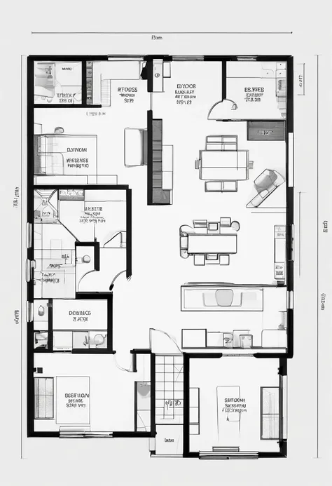 Shophouse floor plan size is 11m long and 7m wide, 2 main doors front and rear, 1 door on the side, plan drawing, layout, floor plan view, 2 d overhead view, layout design, above view, very accurate and detailed, full device, RAW photo, Masterpiece, high q...