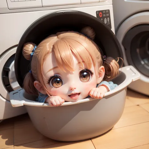 Cute Baby Chibi Anime,(((chibi3d))) (best quality) (masterprice)、in a house、washing machine、Laundry basket、washing、Open your mouth and smile、Anatomically correct answer、Detailed small face、Detailed details