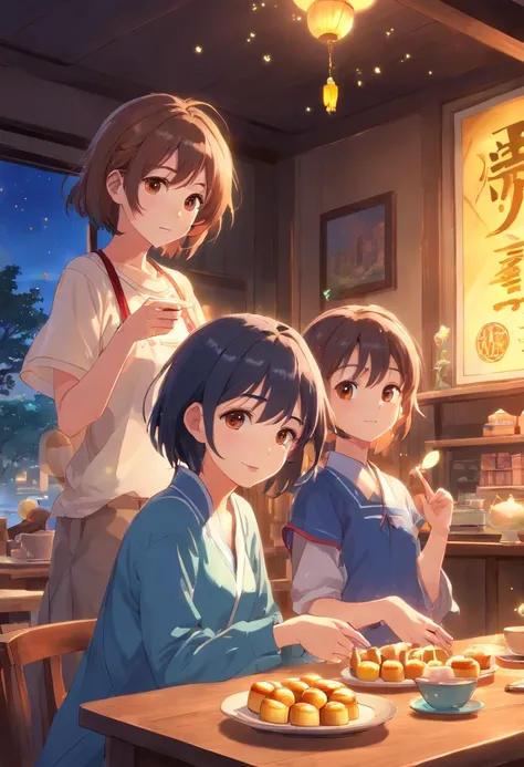 (top-quality、8K、tmasterpiece:1.3)、Full moon and stars in sky illustration，The family sits together eating mooncakes,Mom and dad laugh with the kids，Have in the living room、Bright house scene，extremely detailed face and skin，Heartwarming scene，perfect  deta...