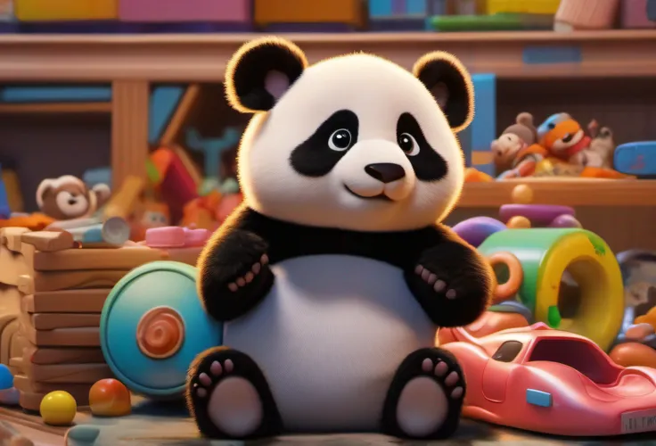 Baby panda，The body lies flat on a pile of toys，On the right side of the frame composition，Fundo sala de estar，Toys for children nearby，Disney style，wide wide shot，8K