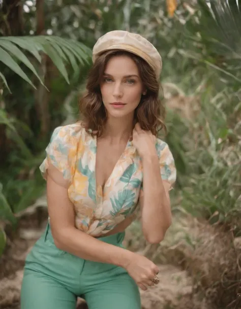 a woman wearing tropical colored pants, a hat, in the style of ilford pan f, made of rubber, punk, kodak vision3 250d 5207, poolcore, danish golden age, reflective, (upper body)