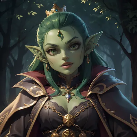 A closeup of a woman with green hair and a crown on her head, retrato feminino do duende, Retrato de uma rainha elfa, Astri Lohne, goblin menina dnd personagem, Artgerm Sylvari Retrato, Um retrato de um elfo, Retrato de um mago da floresta, elf queen nissa...