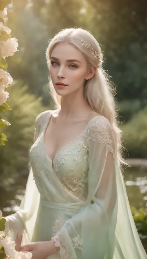 (best quality,4k,8k,highres,masterpiece:1.2),ultra-detailed,(upper body),(realistic,photorealistic,photo-realistic:1.37),long and elegant elf-like ears,fair and porcelain-like skin,gently flowing platinum blonde hair,piercing and enchanting green eyes,femi...