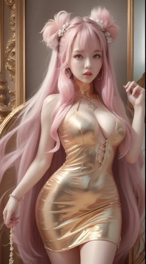 (Best quality, High-res, Masterpiece:1.2), vibrant, Spirited, cheerful big breasts, 1 Energetic girl,​, Pink Long Hair，Hair accessories, Lively, Positive, White gold dress。