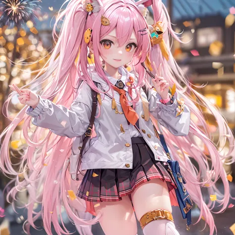 Detailed skin, Colourful, Masterpiece, Best quality, Top quality, 8k hdr, in fall, Fireworks, Girl, gyaru, cute female child, Absurdly long hair, Pink hair, Drill hair, hair between eye, bunny hair ornament, Orange eyes, Bunny ears, Cute face, cropped shou...