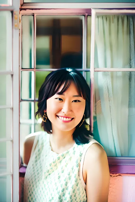 There is a woman standing in front of a window smiling, chiho, Shot with Canon EOA 6 D Mark II, shot at Canon 50mm f/1.2, Photo 1 5mm, 8k 50mm iso 10, lofi portrait at a window, photo taken with sony a7r, shot on sony a 7, mid shot portrait