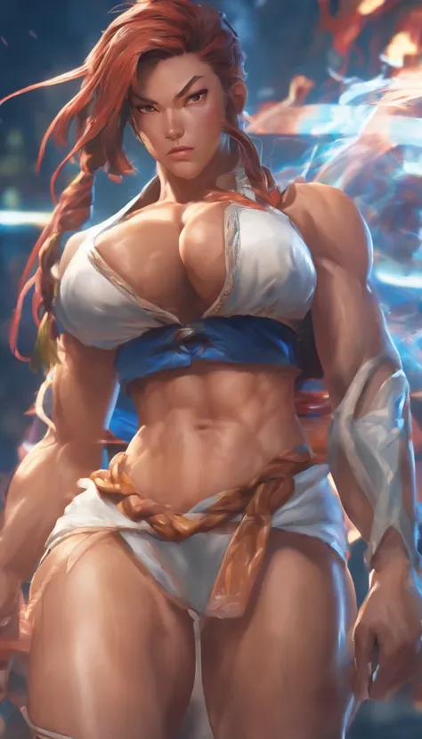 (best quality,4k,8k,highres,masterpiece:1.2),ultra-detailed,(realistic,photorealistic,photo-realistic:1.37),long braids cascading on the ground,Chun-Li,exquisite beautiful face,hyper-realistic 3D rendering,electricity surging around, muscular physique, eno...