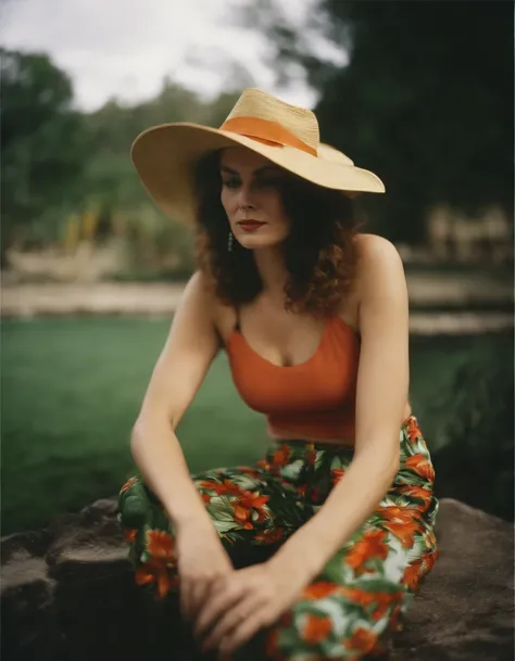 a woman wearing tropical colored pants, a hat, in the style of ilford pan f, made of rubber, punk, kodak vision3 250d 5207, poolcore, danish golden age, reflective, (upper body)