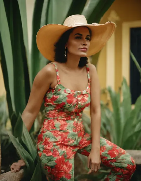 a woman wearing tropical colored pants, a hat, in the style of ilford pan f, made of rubber, punk, kodak vision3 250d 5207, poolcore, danish golden age, reflective, (upper body)