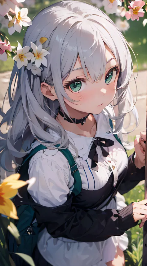 ((Masterpiece, Best quality)),(1girll, Solo:1.4), Light gray hair, with emerald green eyes, From above, Beautiful detailed eyes, Vivid, Cloudy sky, flower, Awe-inspiring flowers, daffodil, Falling petals, Yamashu dango, hanami, having picnic