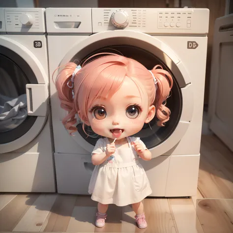 Cute Baby Chibi Anime,(((Chibi 3D))) (Best Quality) (Master Price)、in a house、washing machine、Laundry basket with laundry、washing、Apron、Open your mouth and smile、Anatomically correct answer、Detailed small face、Detailed Detailing、Standing