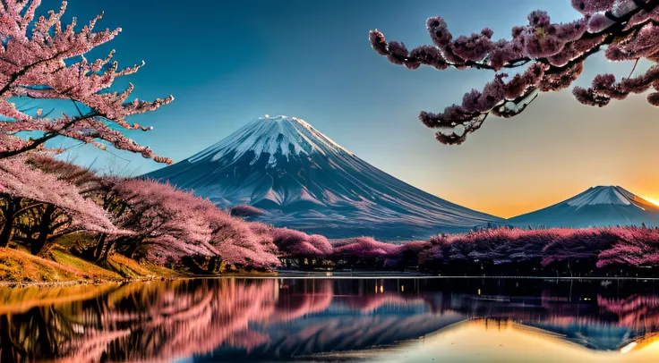 RAW photo of Mt. Fuji, delicately beautiful realistic, detail, photorealistic, ultra-realistic photo, 8k UHD, DSLR, dazzling spring mountain, high quality, film grain, fujifilm XT3, (masterpiece), majestic Mt. Daisen, Mt. Fuji reflected on the surface of t...