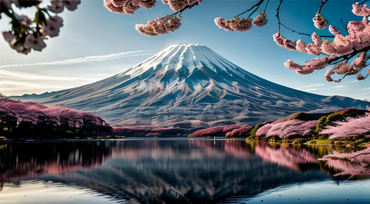 RAW photo of Mt. Fuji, delicately beautiful realistic, detail, photorealistic, ultra-realistic photo, 8k UHD, DSLR, dazzling spring mountain, high quality, film grain, fujifilm XT3, (masterpiece), majestic Mt. Daisen, Mt. Fuji reflected on the surface of t...