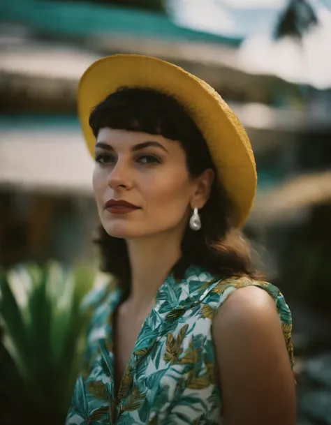 a woman wearing tropical colored pants, a hat, in the style of ilford pan f, made of rubber, punk, kodak vision3 250d 5207, poolcore, danish golden age, reflective, (upper body)