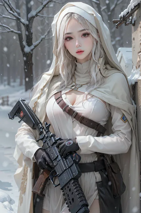 Photorealistic, high resolution, Beautiful tall woman, Solo, Hips up, view the viewer, (Detailed face),white color hair, Long hair, Young lady nun costume, Stockings，Snow background, Girl aiming AK-47 assault rifle