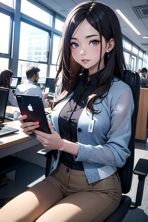 the office district of the near future、office worker using a smartphone mounted on his arm。beauty ol,holograms displayed from a ...