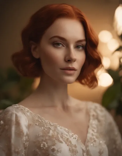 photoshoot of deborahWolf1, (redhair), (short hair cut),detailed skin texture, (blush:0.2), (goosebumps:0.3), (white floral dress), subsurface scattering, Photorealistic, Hyperrealistic, Hyperdetailed, analog style, hip cocked, demure, detailed skin, matte...