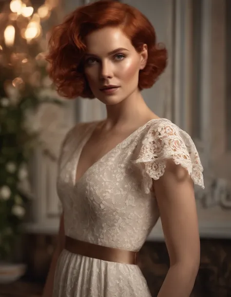 photoshoot of deborahWolf1, (redhair), (short hair cut),detailed skin texture, (blush:0.2), (goosebumps:0.3), (white floral dress), subsurface scattering, Photorealistic, Hyperrealistic, Hyperdetailed, analog style, hip cocked, demure, detailed skin, matte...