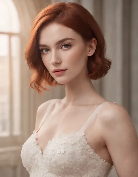 photoshoot of deborahWolf1, (redhair), (short hair cut),detailed skin texture, (blush:0.2), (goosebumps:0.3), (white floral dress), subsurface scattering, Photorealistic, Hyperrealistic, Hyperdetailed, analog style, hip cocked, demure, detailed skin, matte...