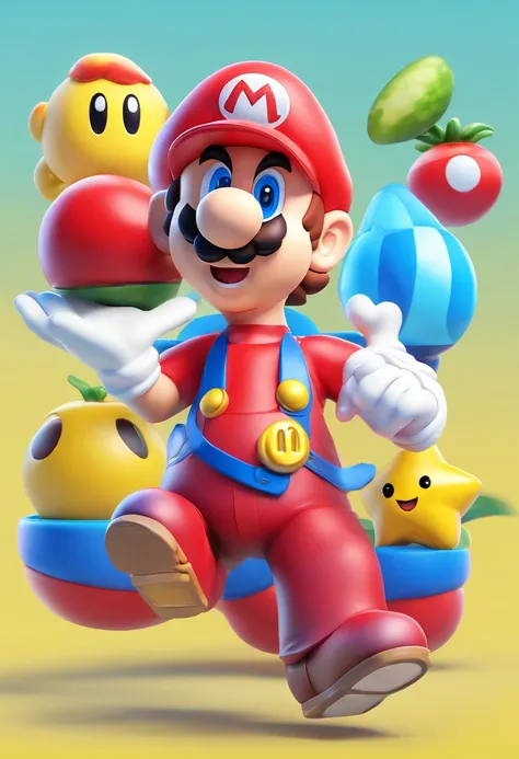 (Mario), character design, Nintendo Super Mario, (blue eyes, red hat, red suit, blue suspenders, white gloves) super cute blind box style, holding a yellow watermelon, chibi, full body, exaggerated expressions and actions, clean background, bright iridesce...