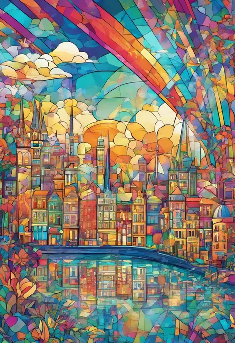 World of Dreams, florals、Fantasy, Stained glass style art style, Childrens Graffiti Style, graffiti style, geometric design, colourfull, Pop. city, Cityscape, Fun city, Town, European-style cityscape, Car, Plane, helicopter, Passenger aircraft, blimp, buse...