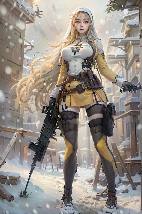 Photorealistic, high resolution, Beautiful tall woman, Solo, Hips up, view the viewer, (Detailed face),Light yellow hair, Long hair, Young lady nun costume, Stockings，Snow background, Girl aiming AK-47 assault rifle