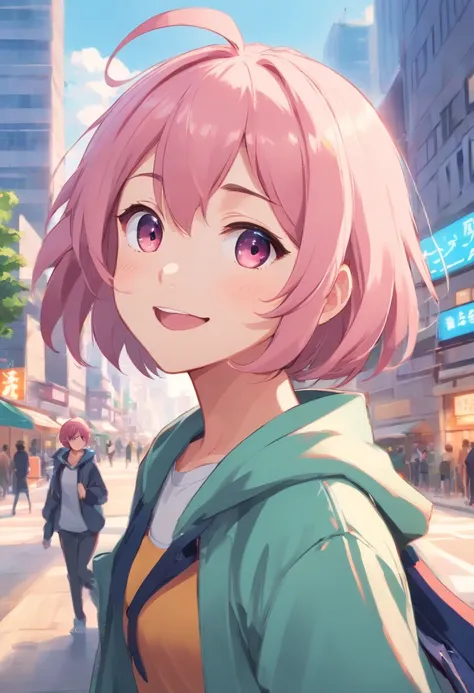 adorable anime girl with short, pink hair, a mischievous grin, and a love for playing pranks on her friends.