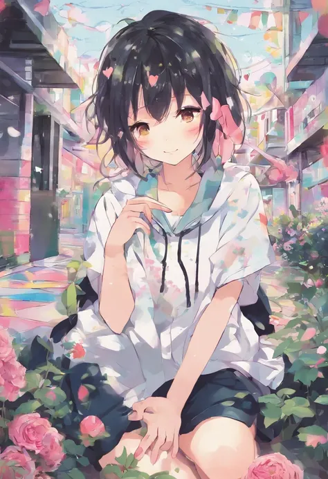 Adorable anime girl with short film, cheveux roses, A mischievous smile, and a love for playing pranks on his friends.